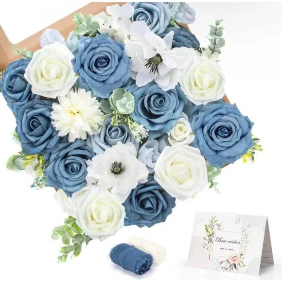 35 Piece | Dusty Blue Roses Shades & Ivory White Bouquet Flowers Wedding Floral - Picture 3 of 3
